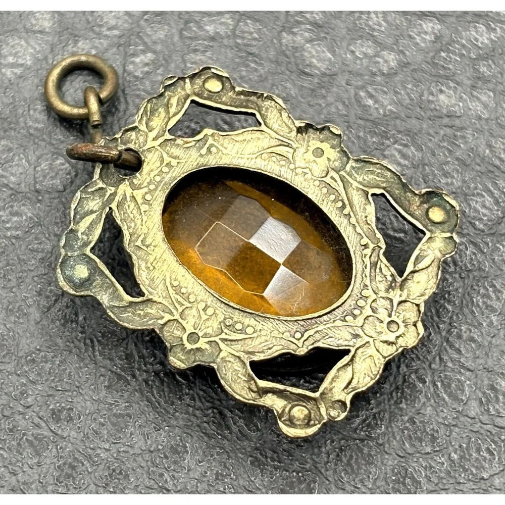 Antique Victorian Style Faux Citrine Pendant Gold Tone Floral Ornate Frame